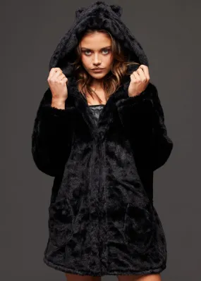 Black Faux Fur Coat with Cat Ears