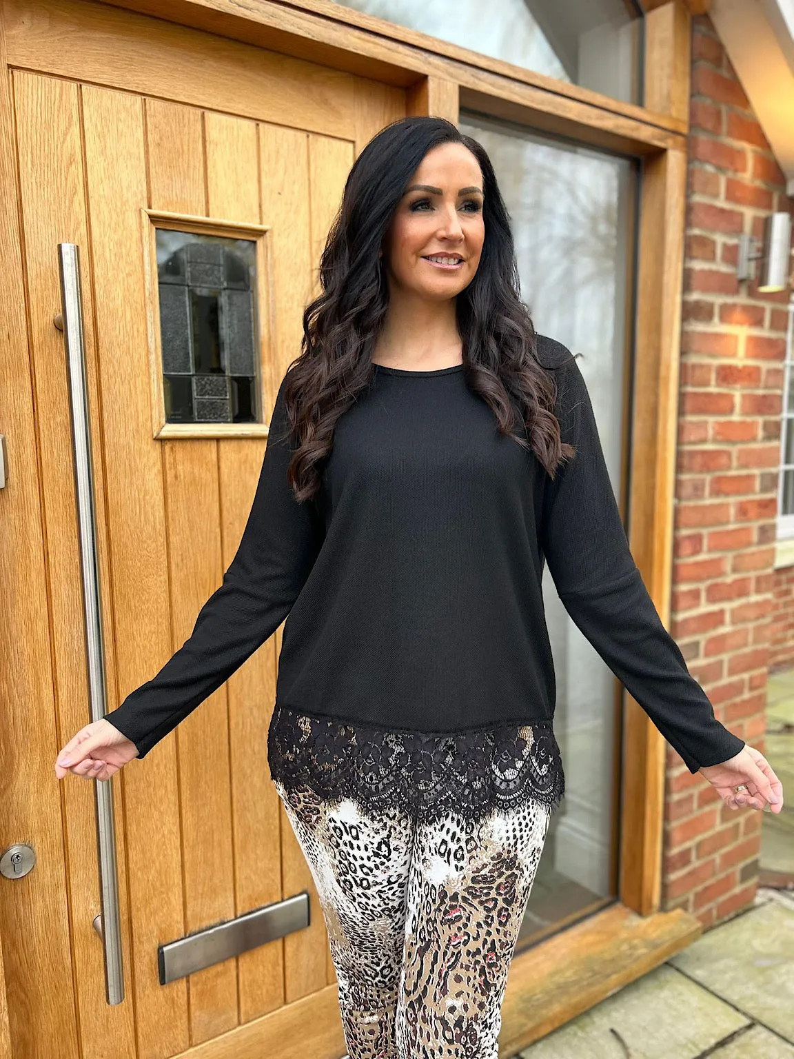 Black Lace Hem Lightweight Top Fiona