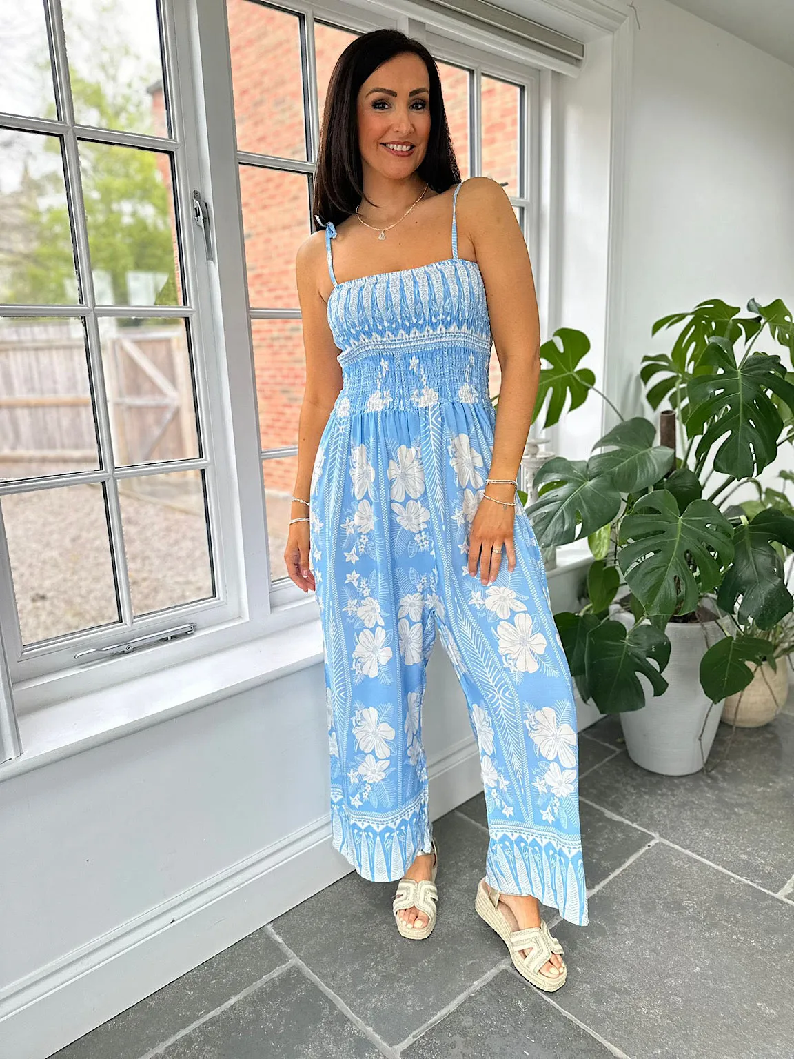 Blue Flower Print Jumpsuit