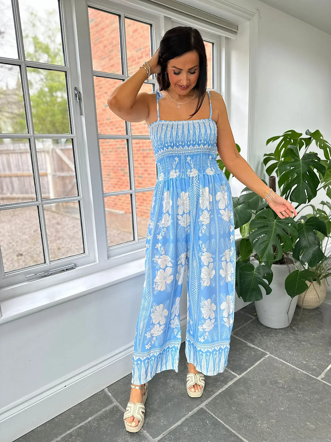 Blue Flower Print Jumpsuit