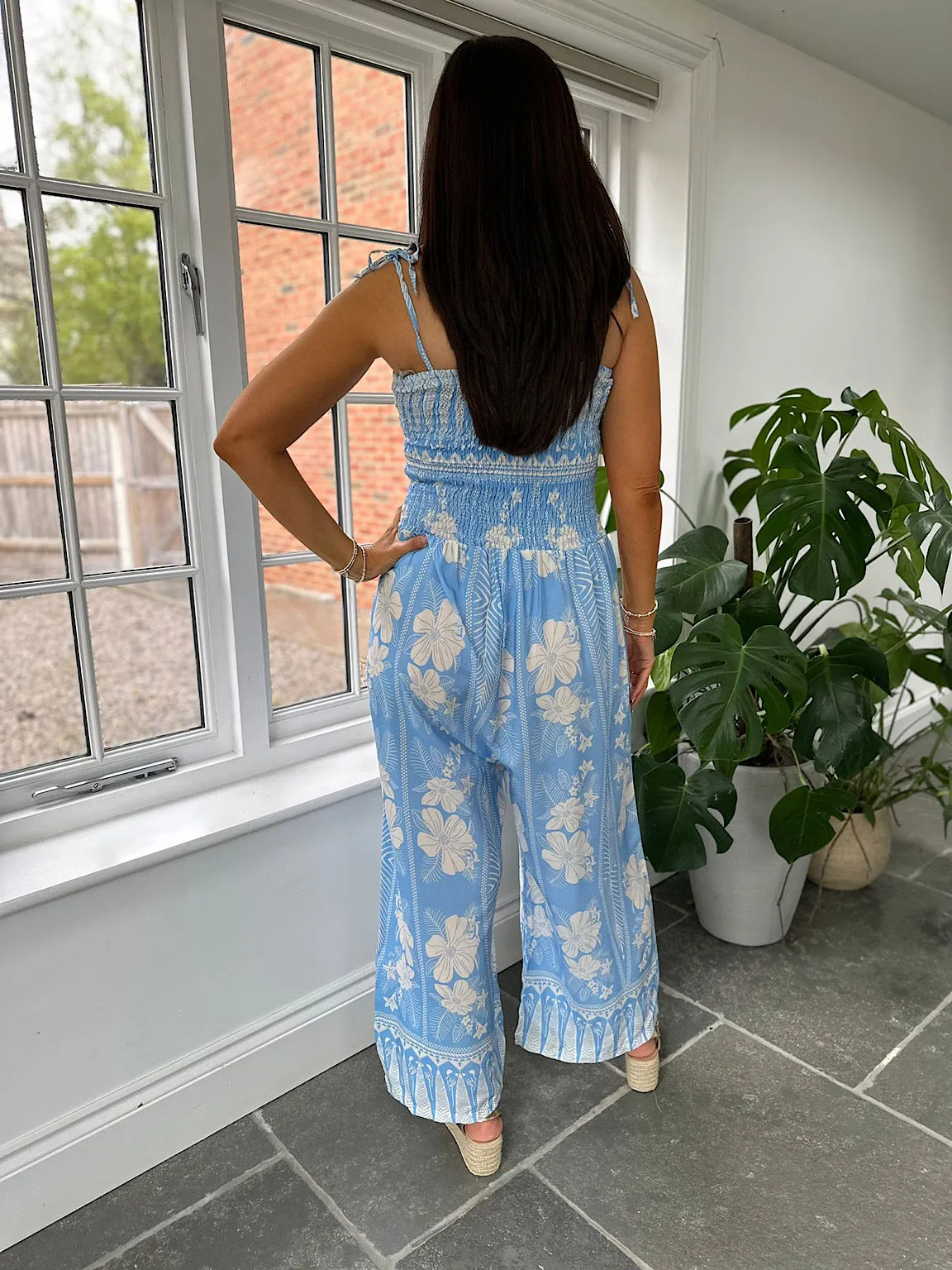 Blue Flower Print Jumpsuit