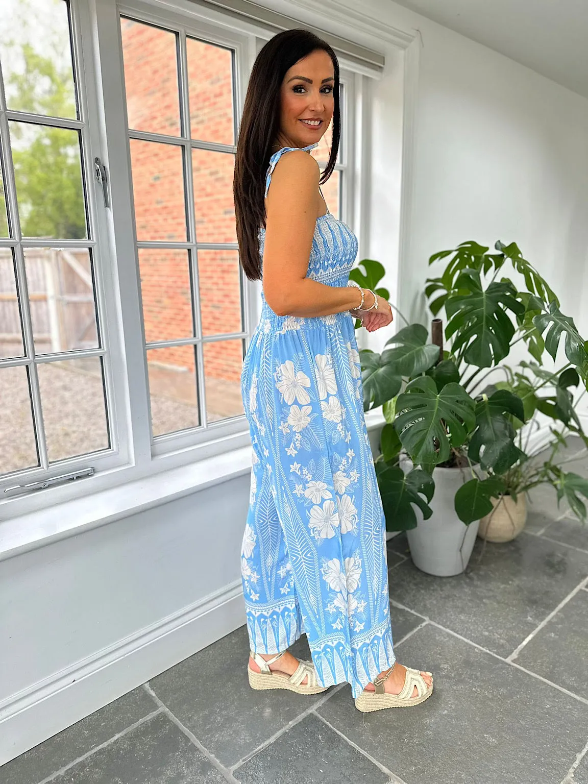 Blue Flower Print Jumpsuit