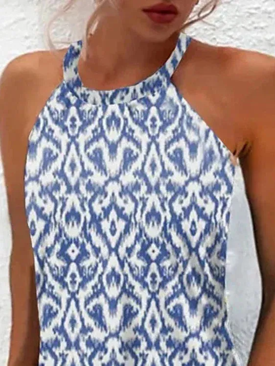 Blue Ombre Marble Print Halter Neck Mini Dress