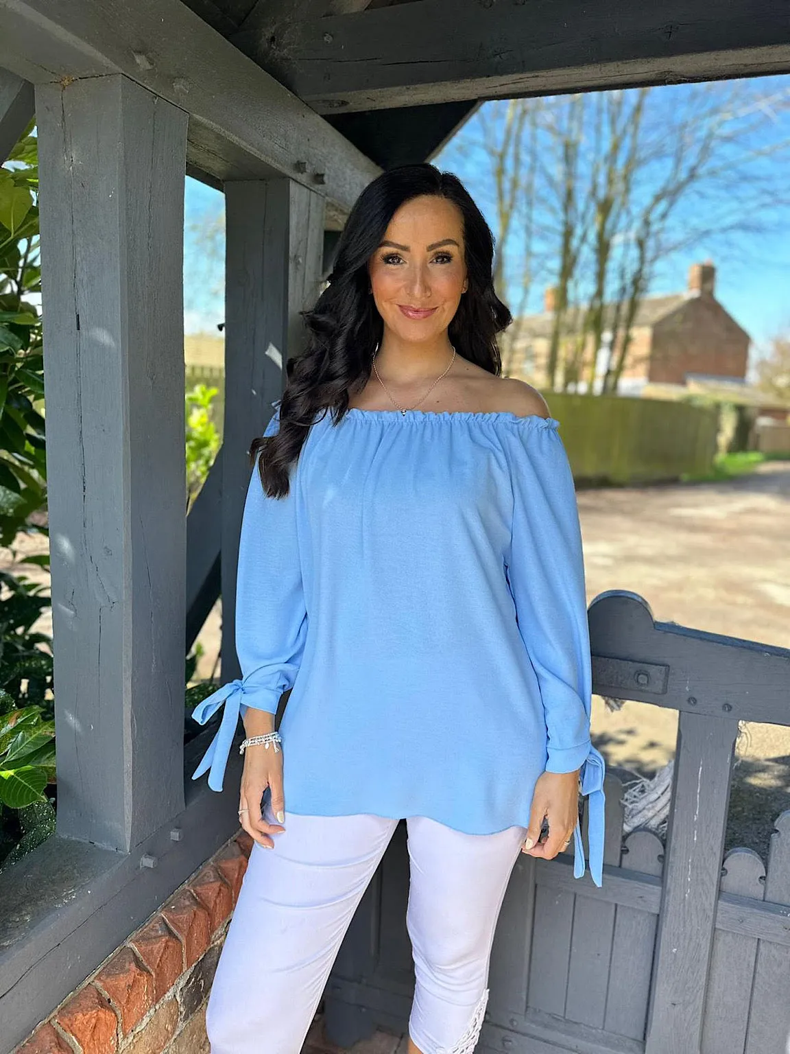 Blue Tied Sleeve Bardot Top Trinity