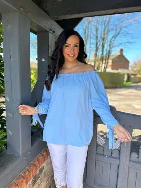 Blue Tied Sleeve Bardot Top Trinity