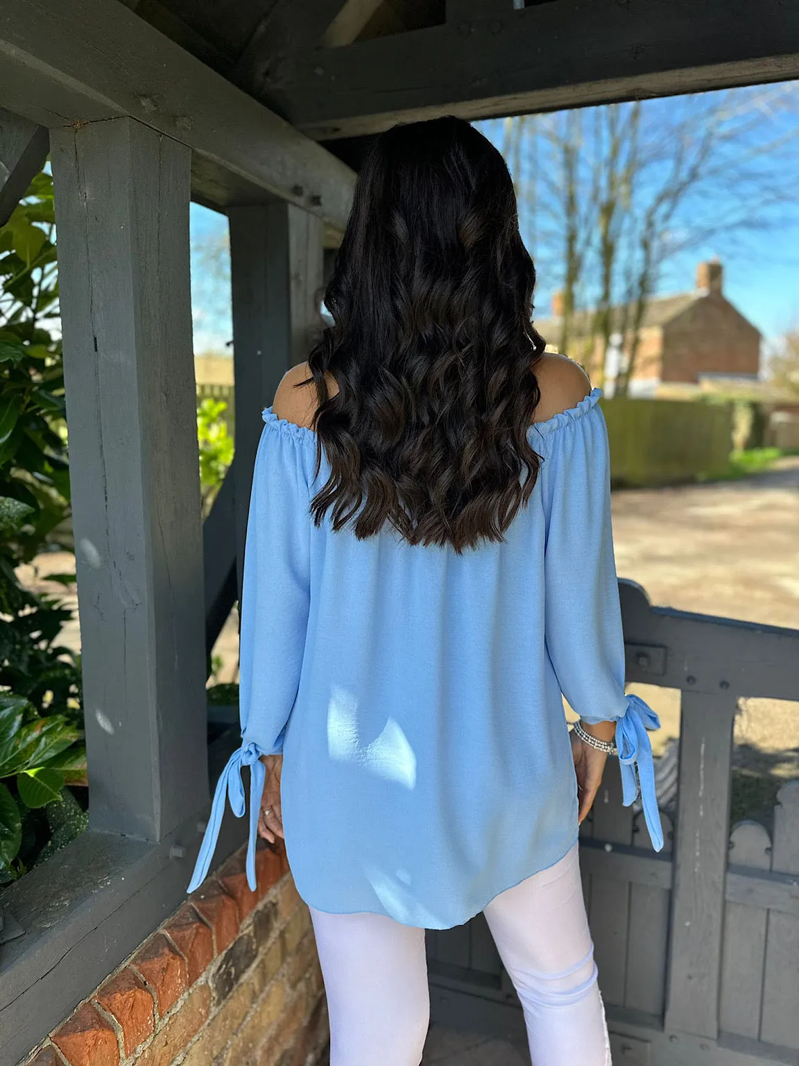 Blue Tied Sleeve Bardot Top Trinity