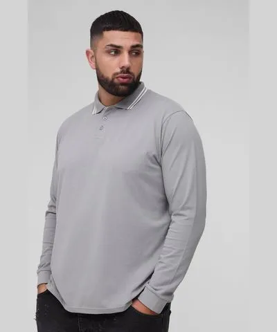 boohoo Mens Plus Slim Tipped Pique Long Sleeve Polo