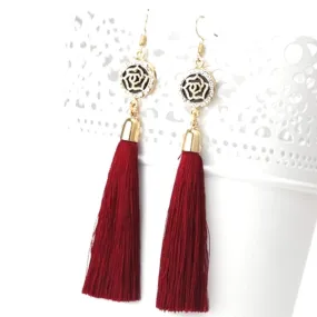 Burgundy Tassel Earrings with Gold and Crystal Flower Charm