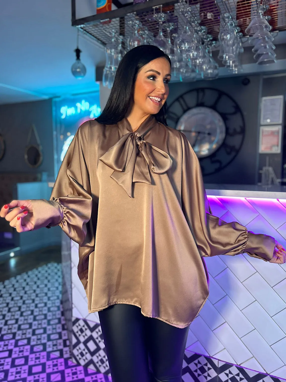 Camel Satin Style Tie Neck Blouse Patsy