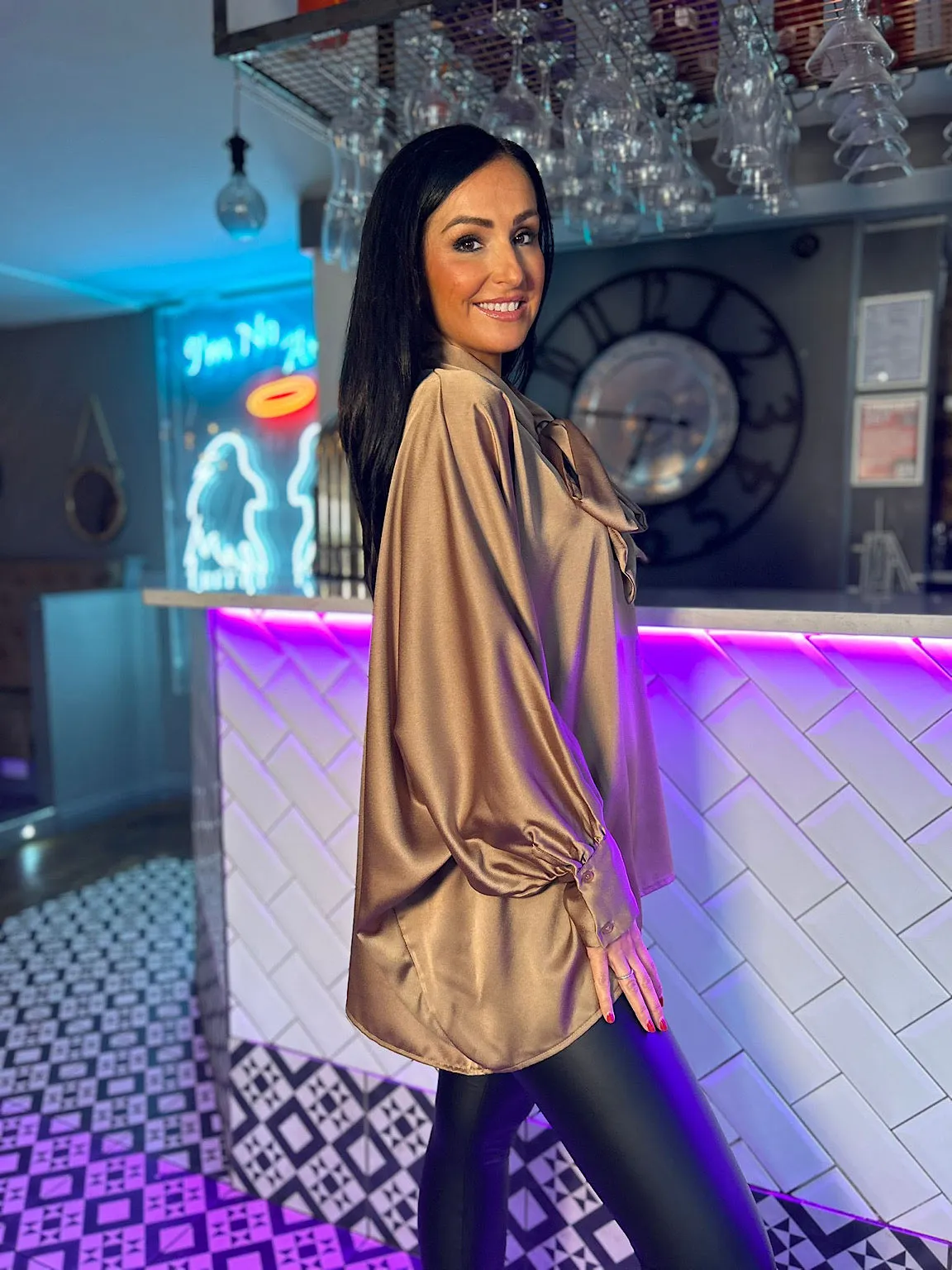 Camel Satin Style Tie Neck Blouse Patsy