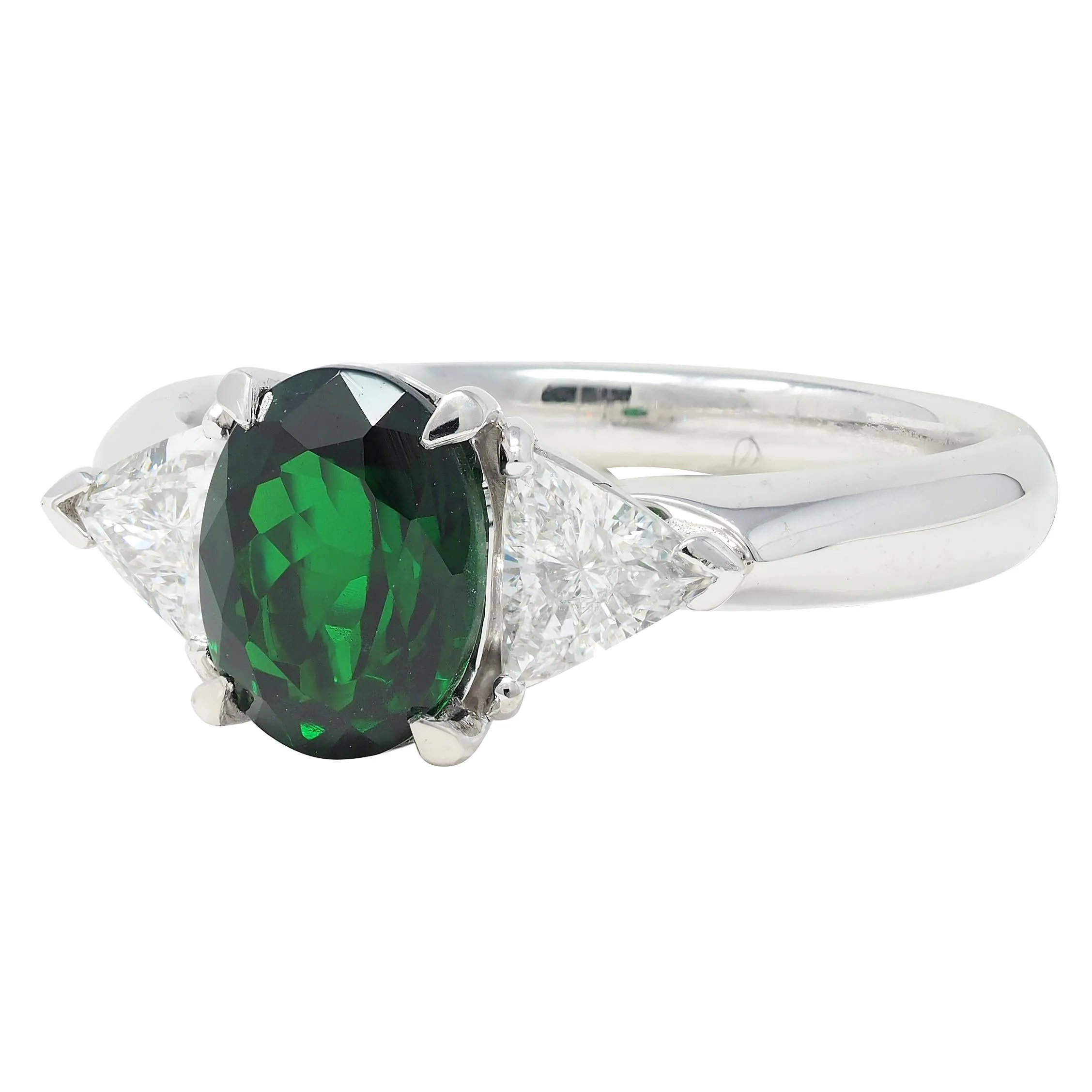 Contemporary 2.19 CTW Tsavorite Garnet Diamond Platinum Three Stone Ring