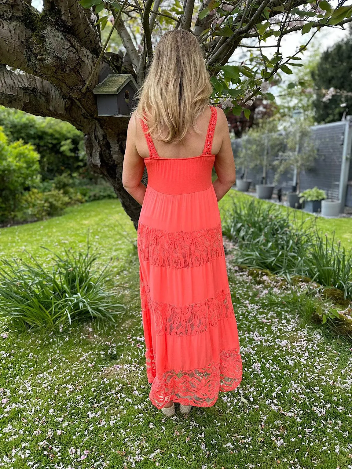 Coral Delicate Lace Crochet Panel Maxi Dress Eden