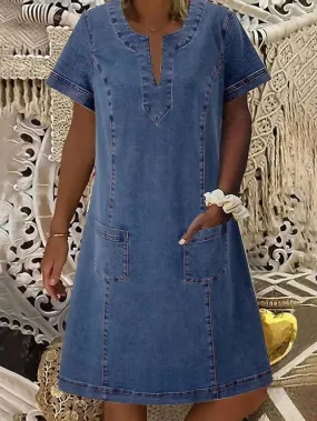 Denim Midi Dress with Split Neck and Ruched Pocket - Blue