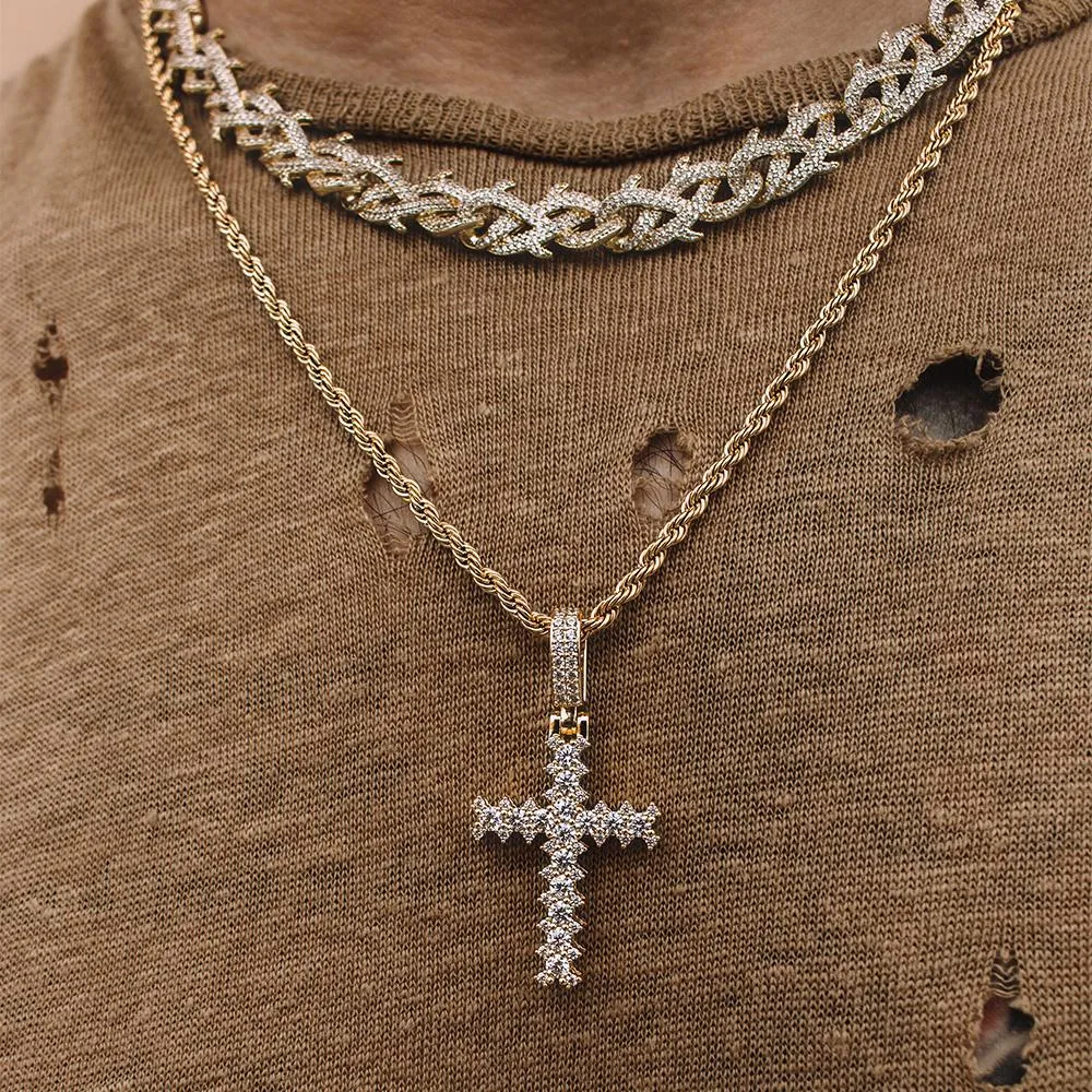 Diamond Cross Necklace Pendant & Gold Rope Chain