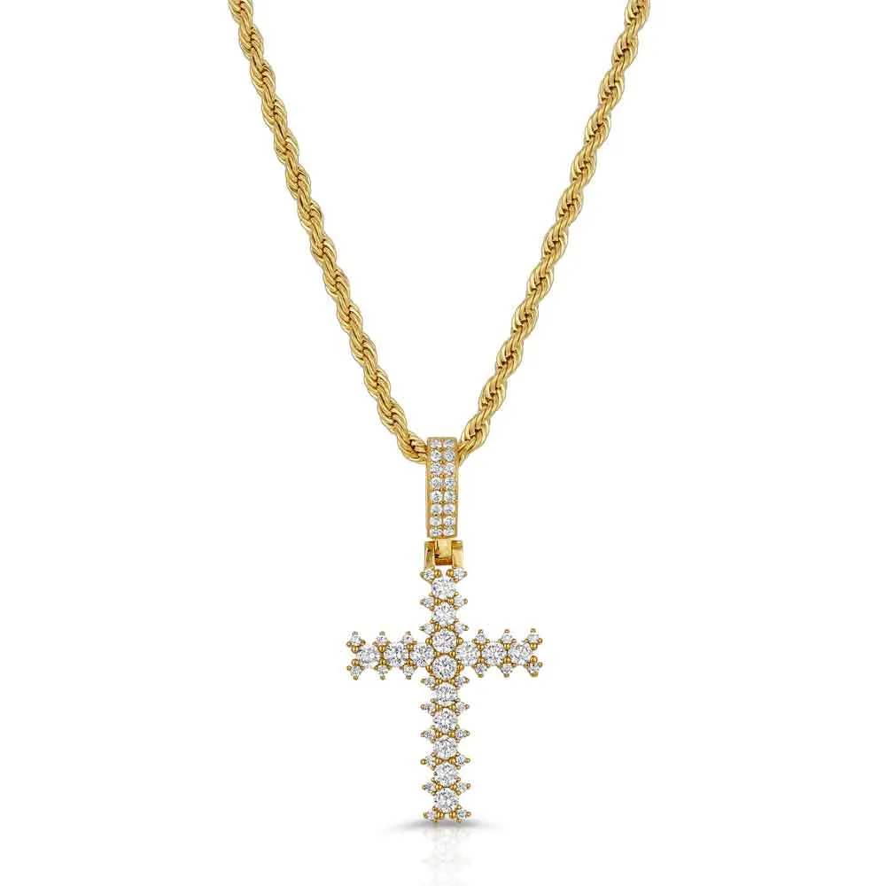 Diamond Cross Necklace Pendant & Gold Rope Chain