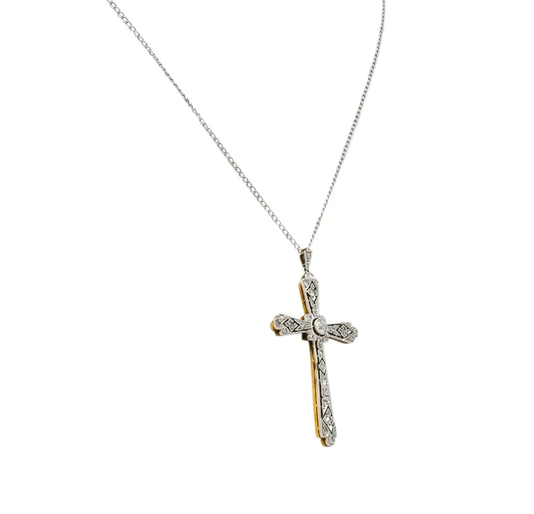 Edwardian Diamond Platinum-Topped 18 Karat Gold Cross Pendant