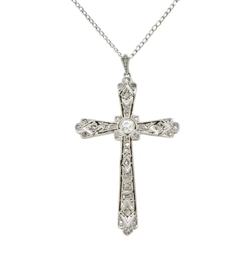 Edwardian Diamond Platinum-Topped 18 Karat Gold Cross Pendant