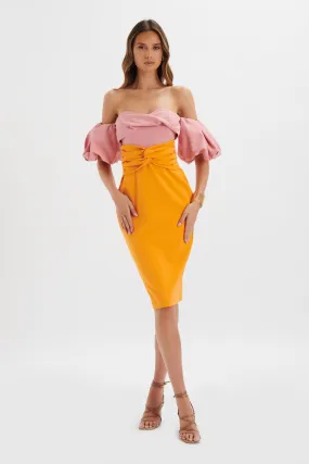 ELIZA Colour Block Twisted Midi Dress In Pink & Papaya