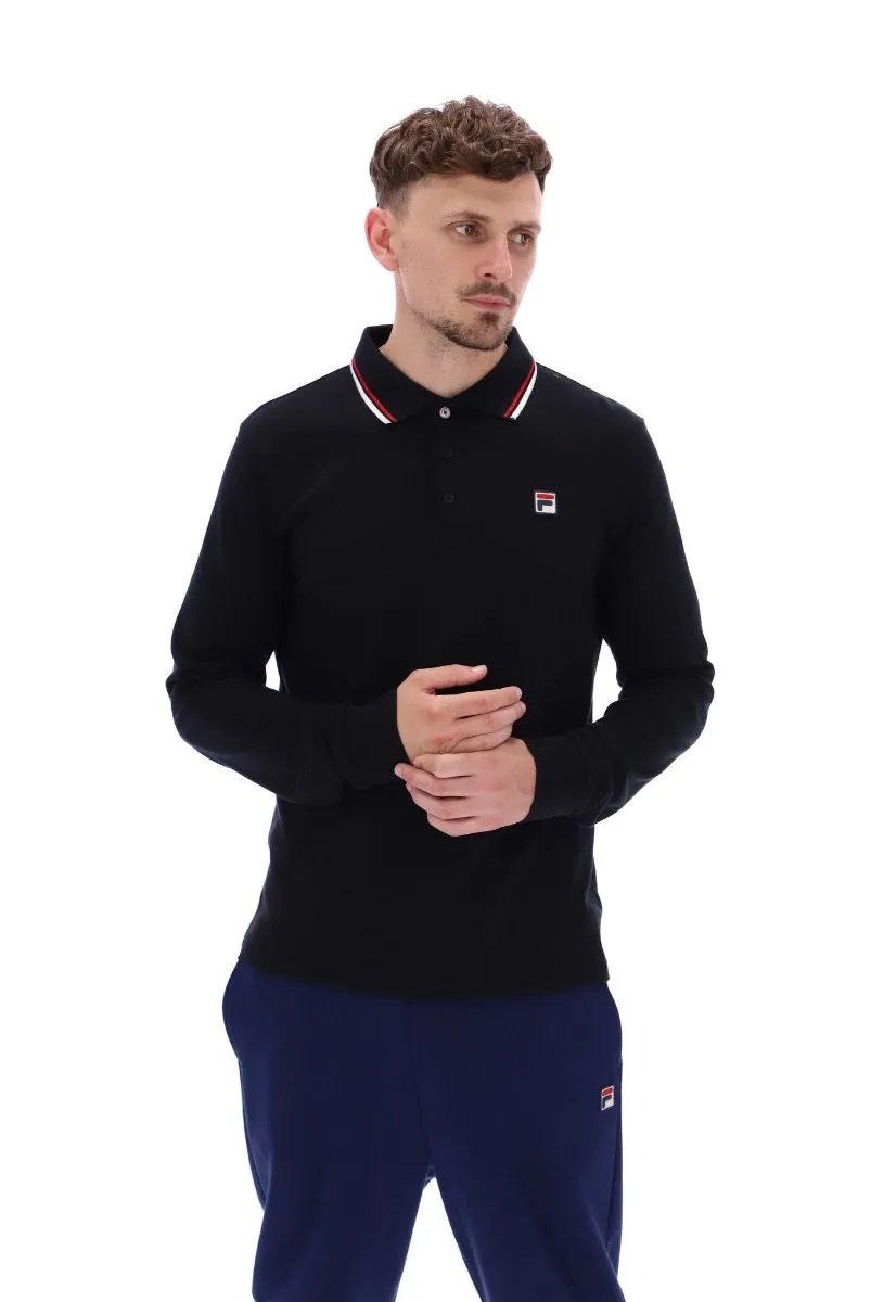 Fila Monte Tipped Long Sleeve Polo Shirt Black/Gardenia/Red