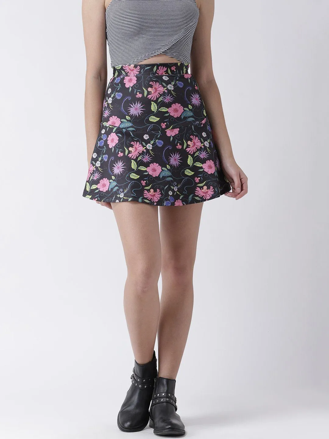 Flared Dark Floral Printed Mini Skirt