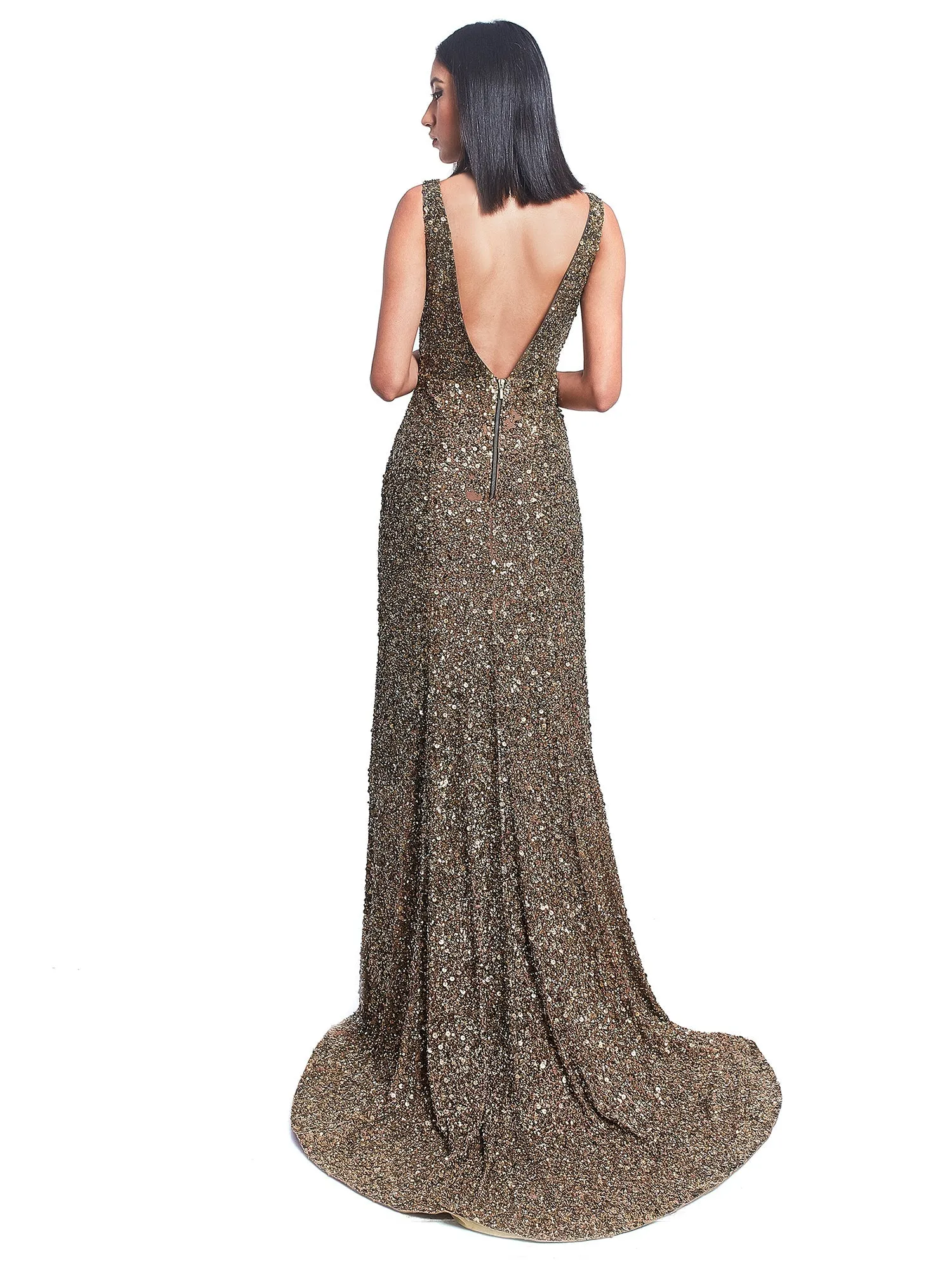 Golden Open Back Trail Gown