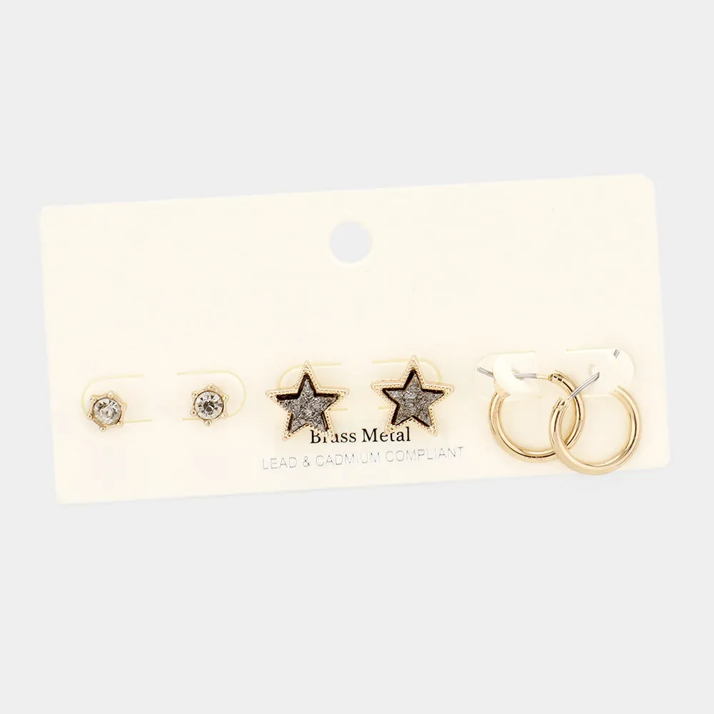 iLLASPARKZ 3Pairs - Brass Metal Round Stone Druzy Star Hoop Earrings