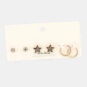 iLLASPARKZ 3Pairs - Brass Metal Round Stone Druzy Star Hoop Earrings