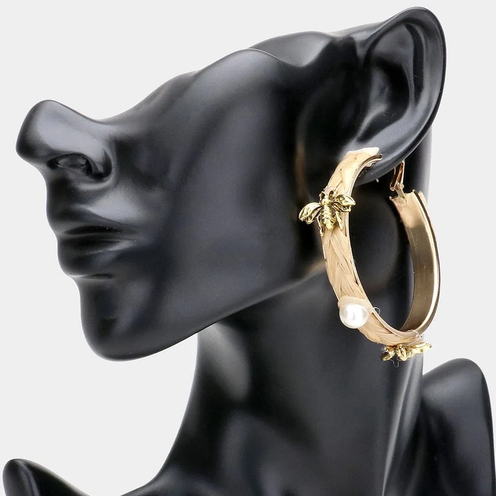 iLLASPARKZ Pearl Metal Honey Bee Raffia Hoop Earrings