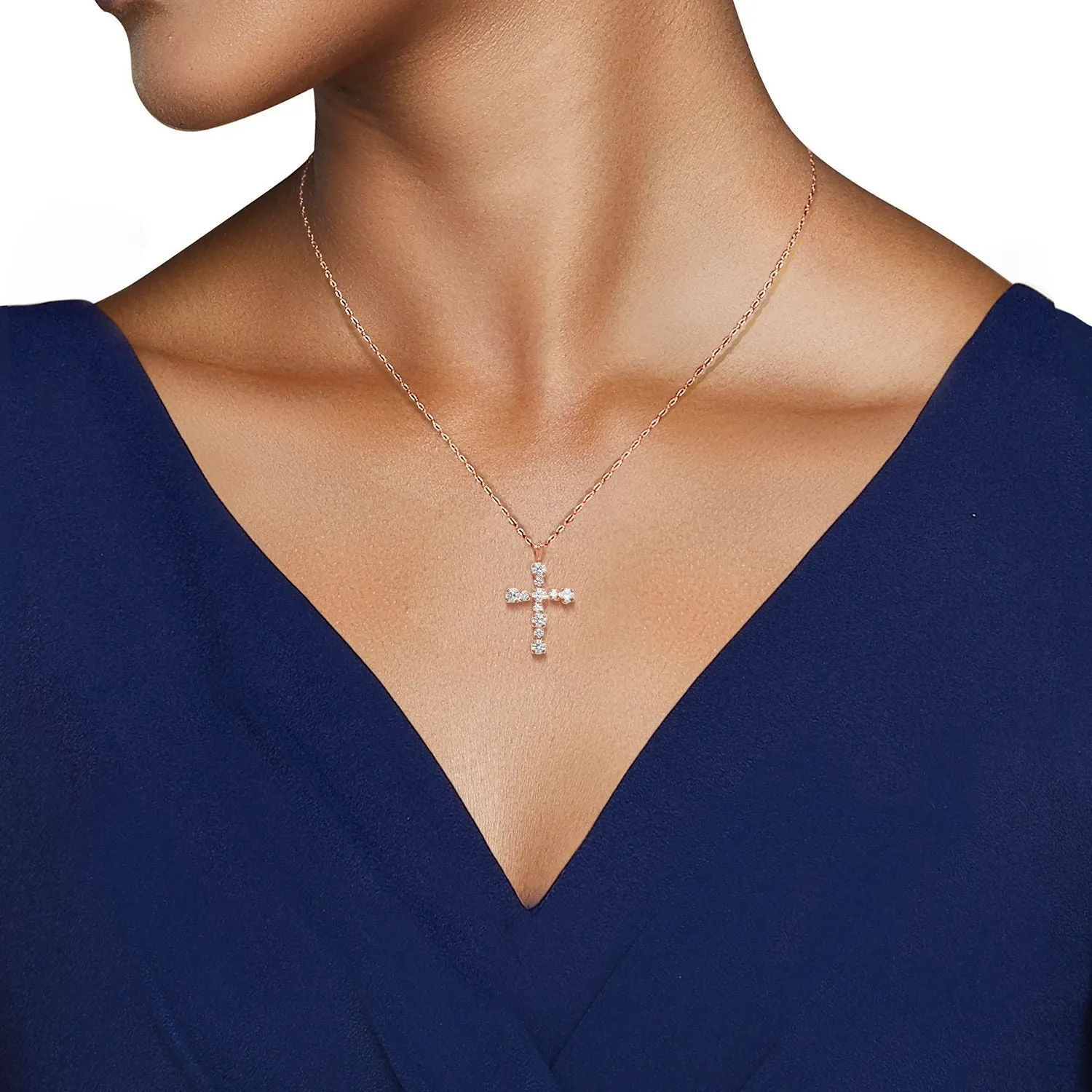 Jewelili 10K Rose Gold With Cubic Zirconia Cross Pendant Necklace