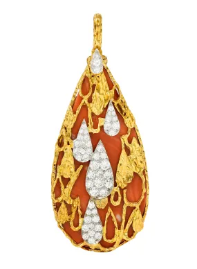 Kutchinsky 1972 3.23 CTW Diamond Coral Platinum 18 Karat Yellow Gold Teardrop Vintage Pendant