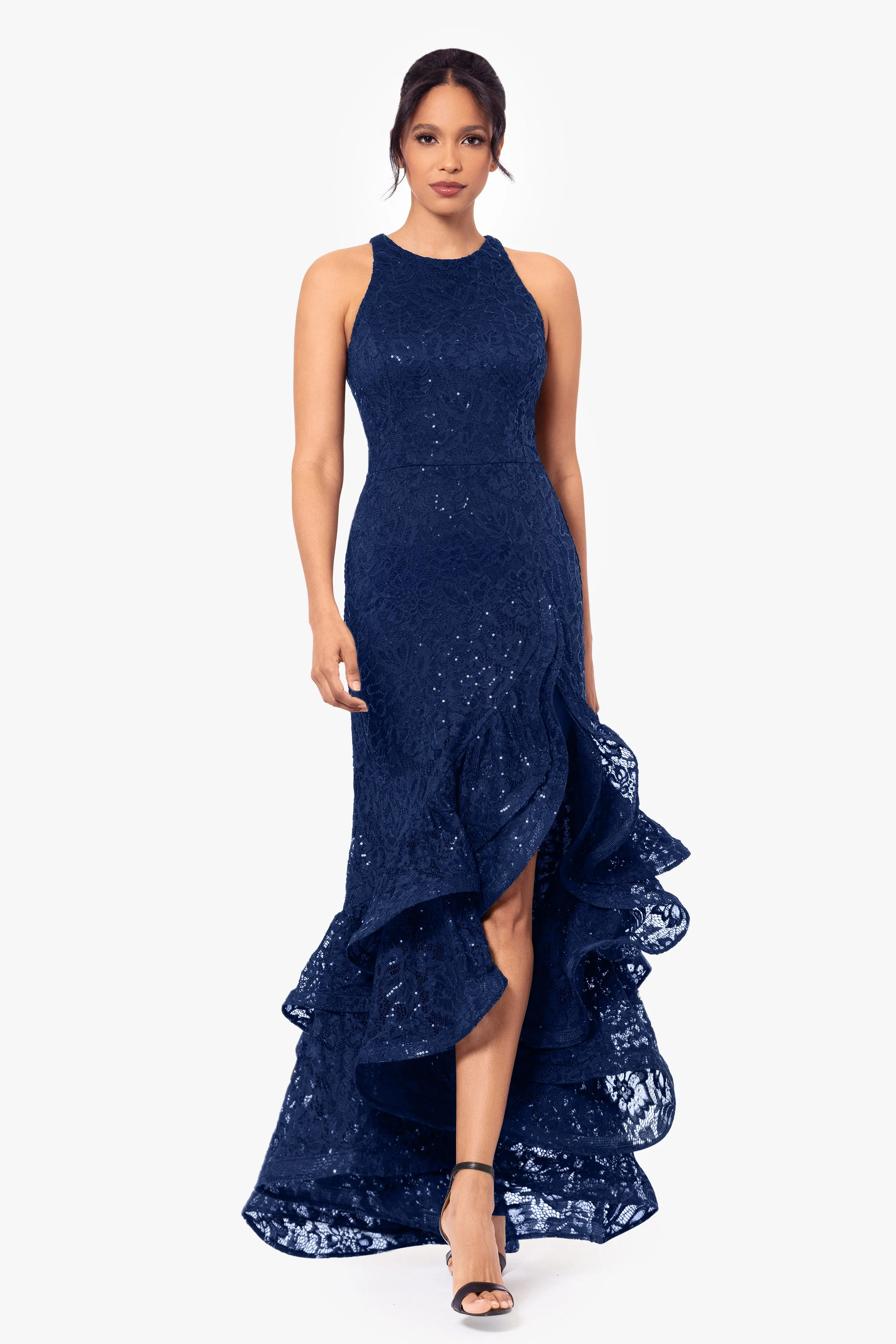 Laurel Sequin Lace Ruffle Slit Gown