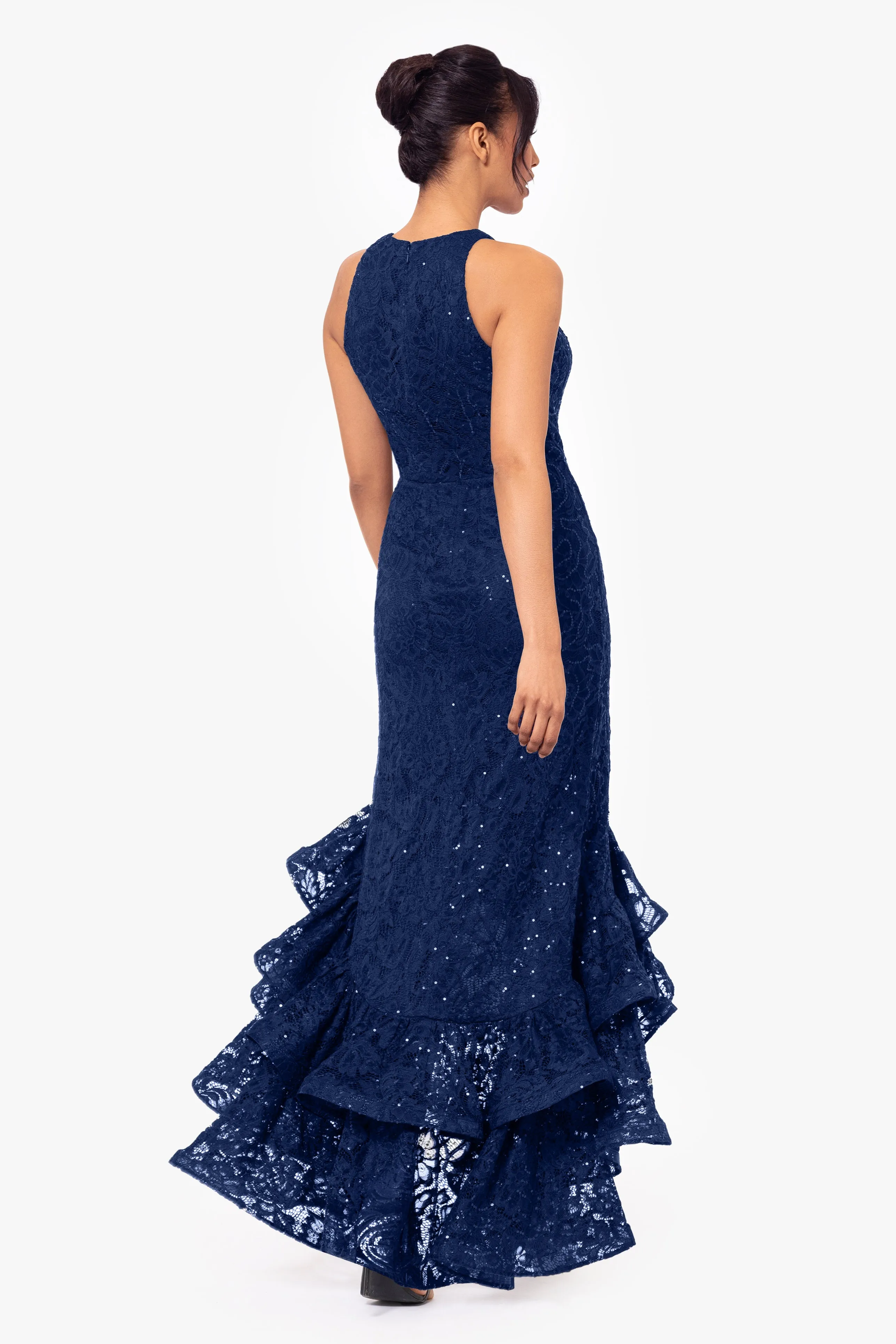 Laurel Sequin Lace Ruffle Slit Gown