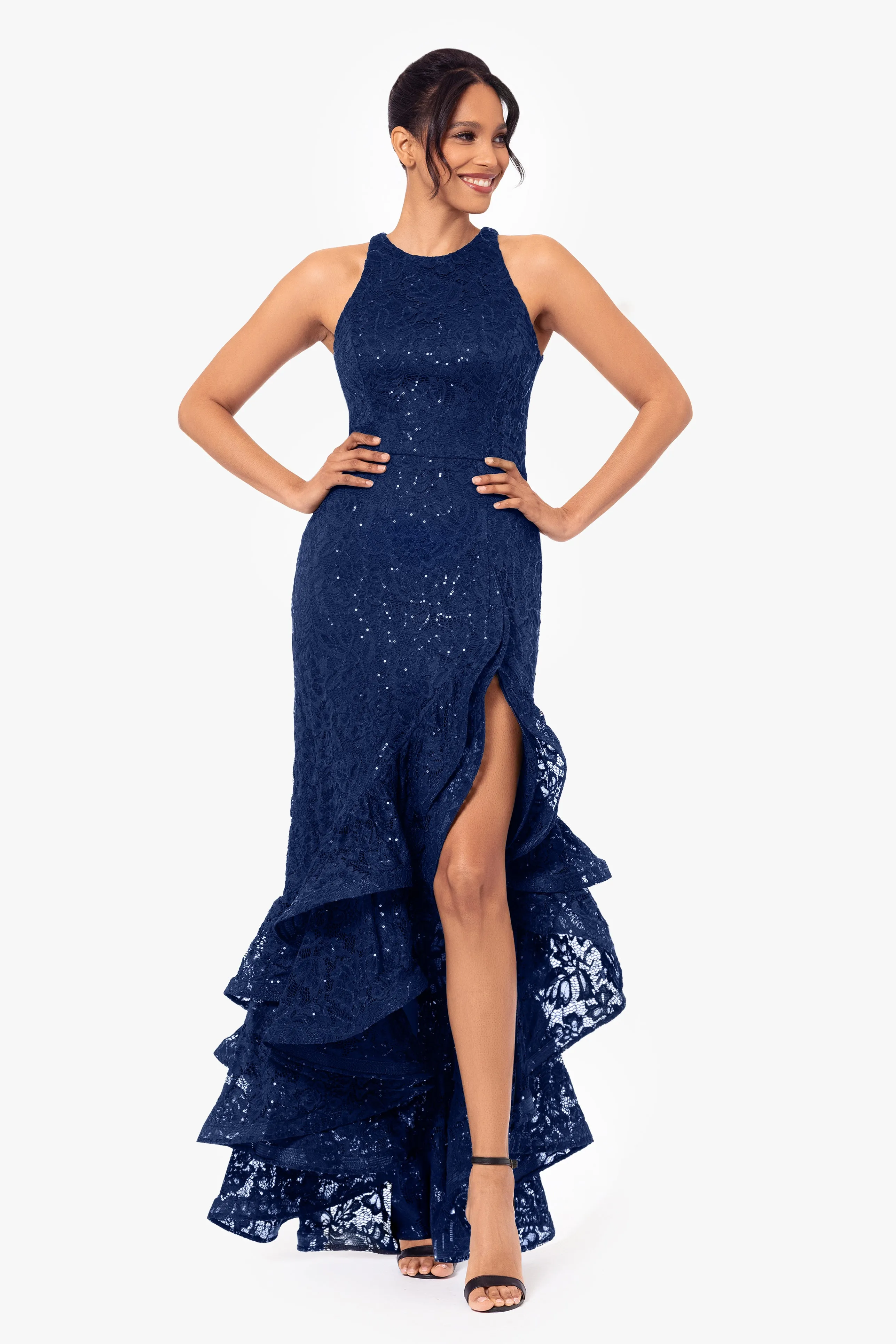 Laurel Sequin Lace Ruffle Slit Gown