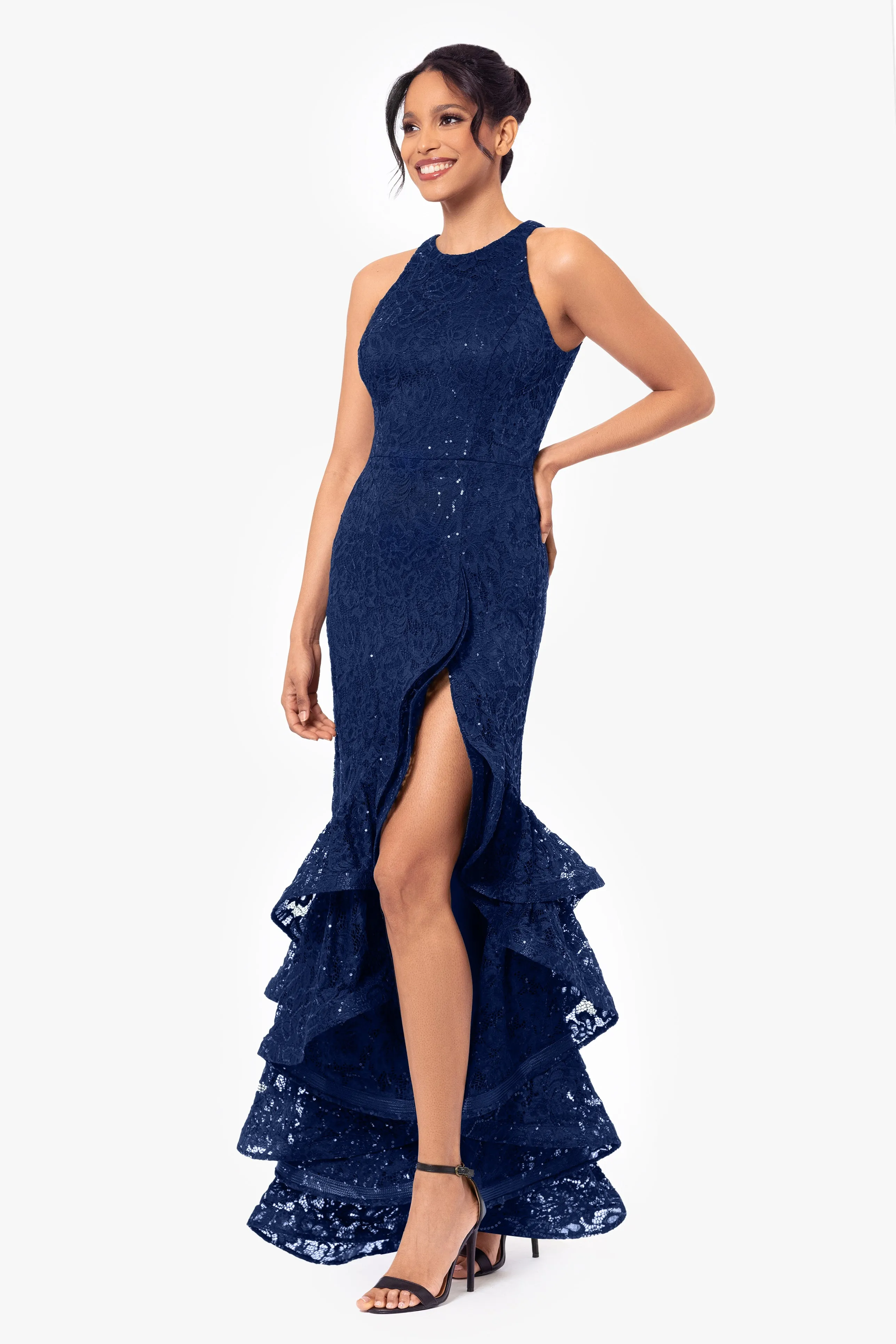 Laurel Sequin Lace Ruffle Slit Gown