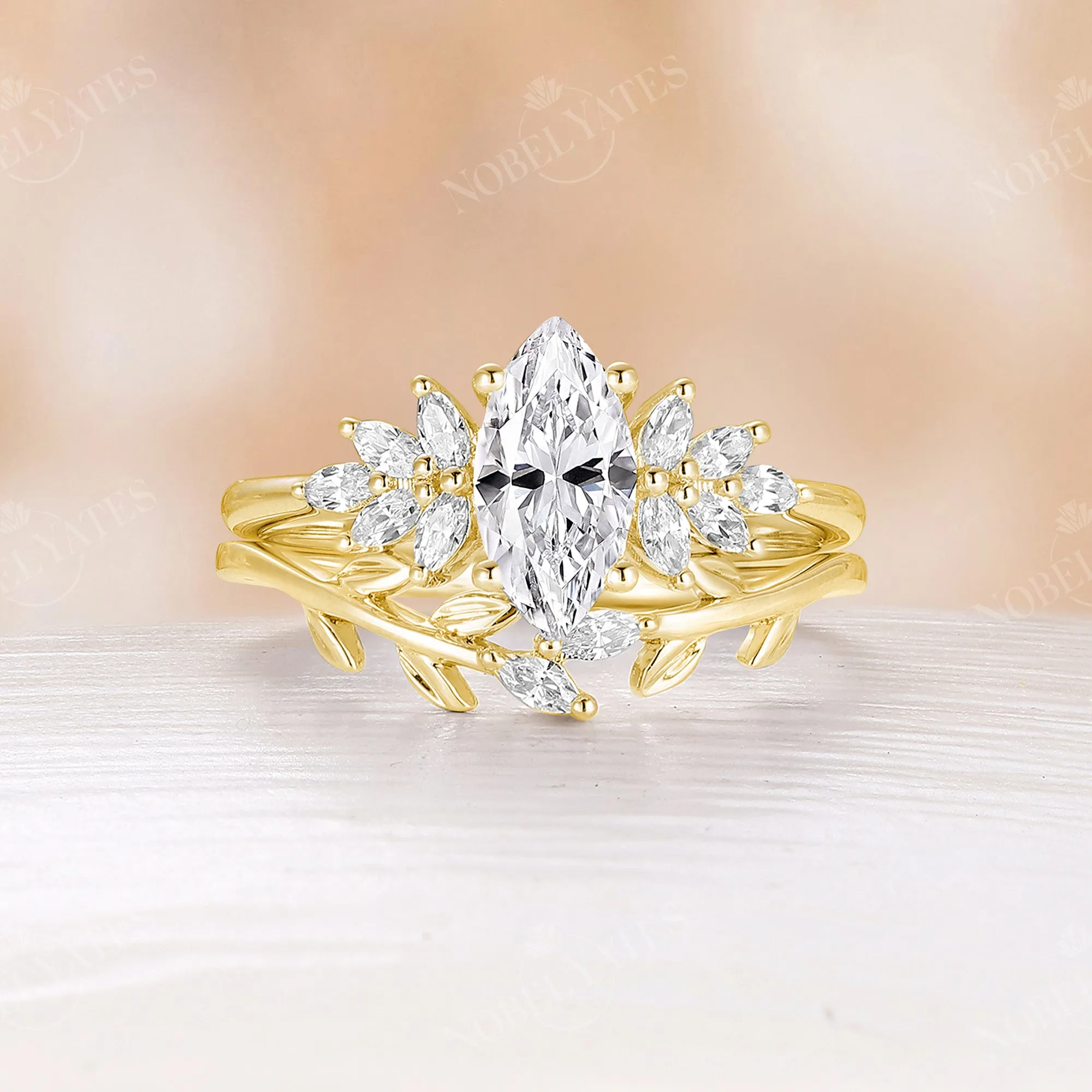 Marquise Shape Moissanite Leaf Bridal Set Side Stone Cluster Ring