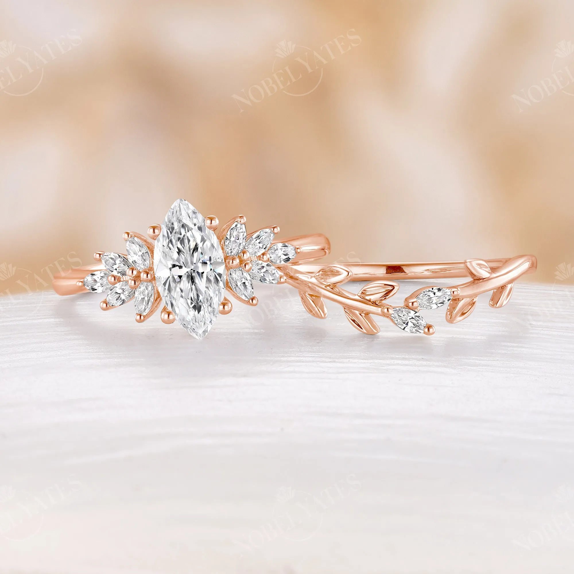 Marquise Shape Moissanite Leaf Bridal Set Side Stone Cluster Ring