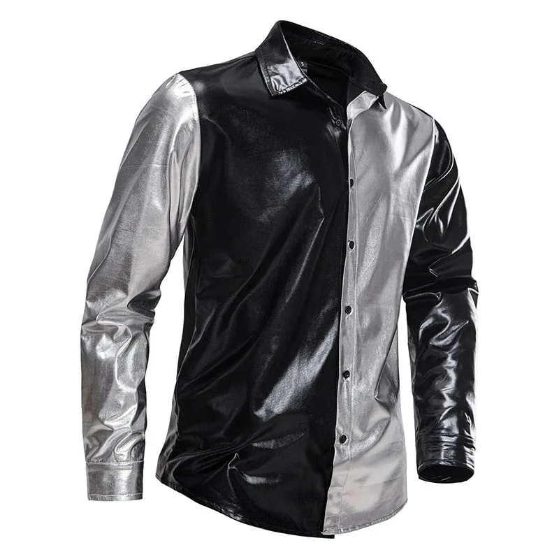 Men's Casual Shiny Metallic Patchwork Partywear Long Sleeve Shirt