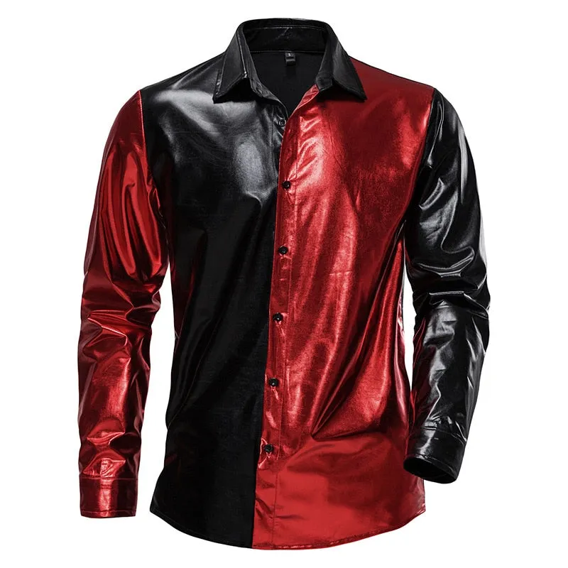 Men's Casual Shiny Metallic Patchwork Partywear Long Sleeve Shirt