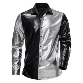 Men's Casual Shiny Metallic Patchwork Partywear Long Sleeve Shirt