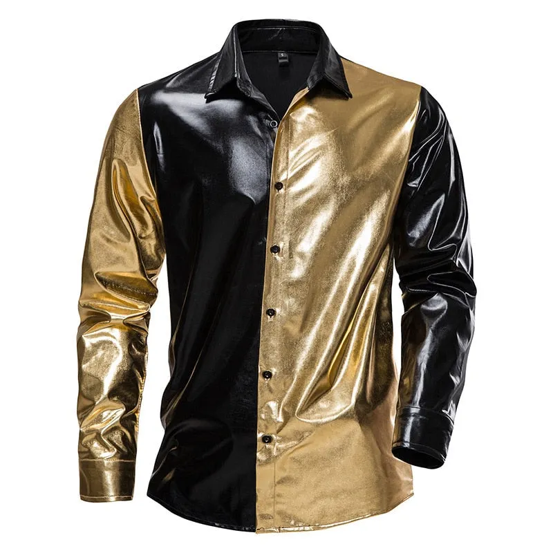 Men's Casual Shiny Metallic Patchwork Partywear Long Sleeve Shirt