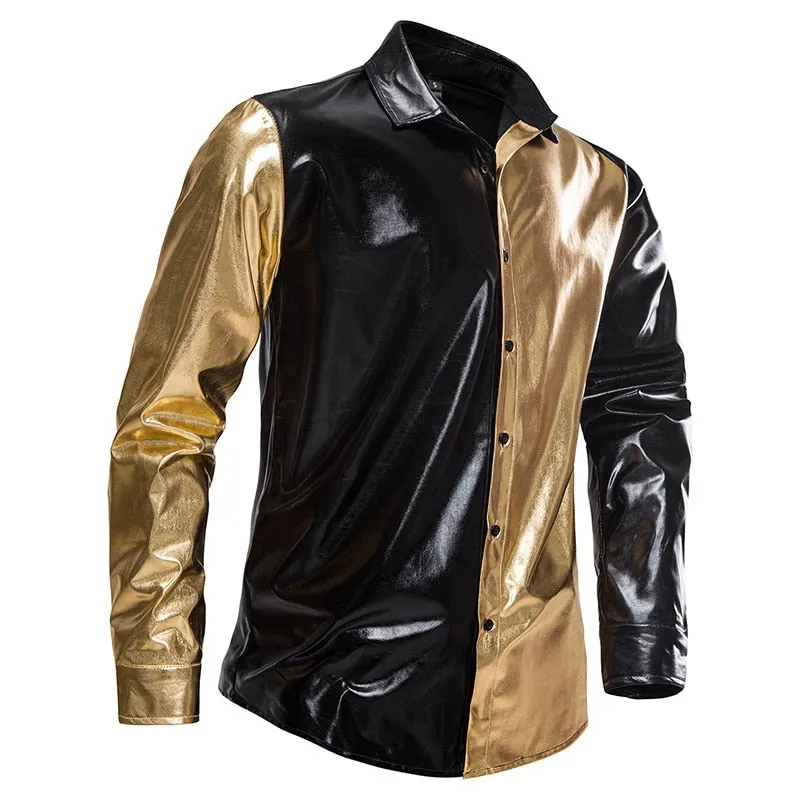 Men's Casual Shiny Metallic Patchwork Partywear Long Sleeve Shirt