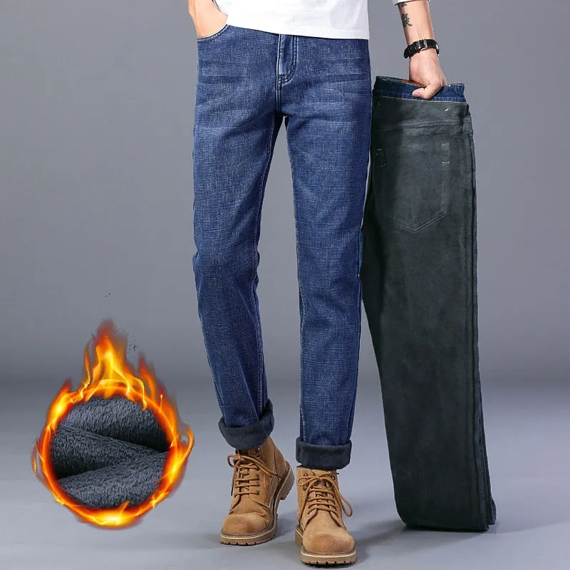 Men's Denim Casual Winter Solid Pattern Stretch Straight-Leg Trousers