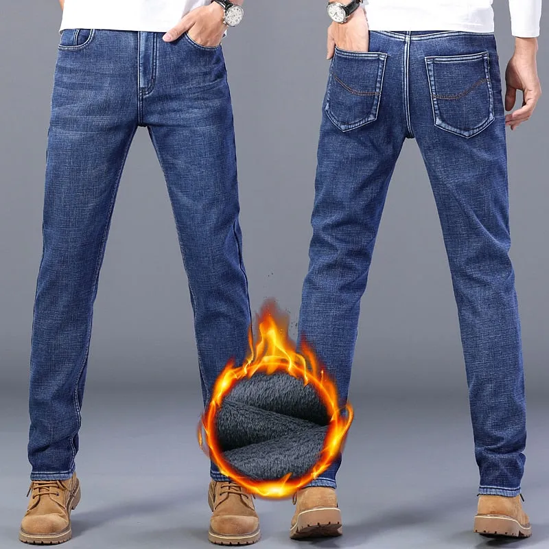 Men's Denim Casual Winter Solid Pattern Stretch Straight-Leg Trousers