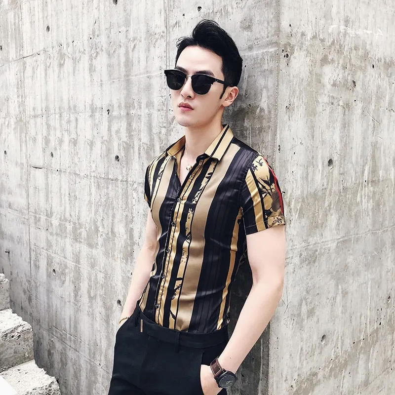 Men's Luxury Summer Gold Slim Fit Partywear Short Sleeve Dress Shirt