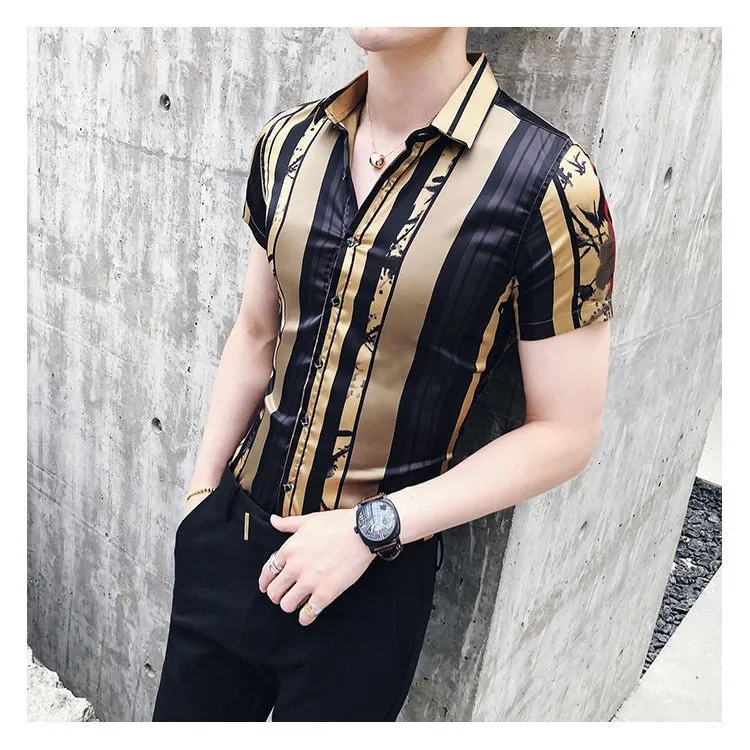 Men's Luxury Summer Gold Slim Fit Partywear Short Sleeve Dress Shirt