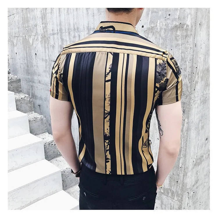 Men's Luxury Summer Gold Slim Fit Partywear Short Sleeve Dress Shirt