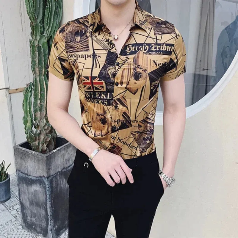 Men's Luxury Summer Gold Slim Fit Partywear Short Sleeve Dress Shirt