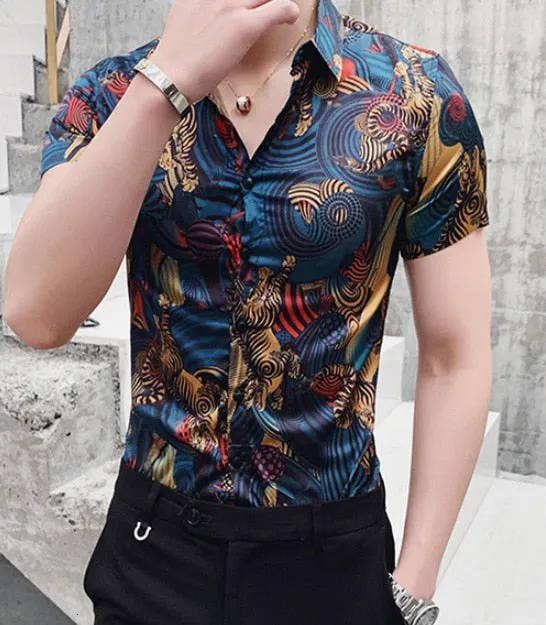 Men's Luxury Summer Gold Slim Fit Partywear Short Sleeve Dress Shirt