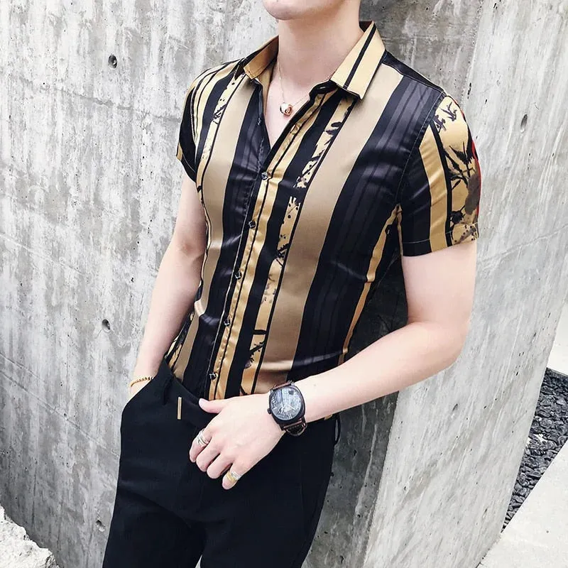 Men's Luxury Summer Gold Slim Fit Partywear Short Sleeve Dress Shirt