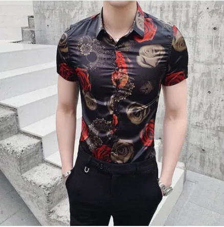 Men's Luxury Summer Gold Slim Fit Partywear Short Sleeve Dress Shirt